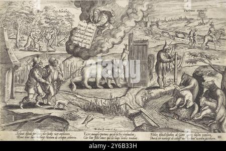 The blind Shepherds, Blind Shepherds, Pasteurs aveugles (titolo sull'oggetto), Allegories on the events in the Netherlands in the Years 1576 to 1579 (titolo della serie), Landscape in cui figure allegoriche ed elementi visivi insieme formano un rebus. A sinistra un manipolo che mostra l'anno 1579, due pastori ciechi, Dio padre in cielo con le tavole della legge. Nel mezzo due orsi, un guanto su una porta rotta, uno sciocco heaving e sulla destra due lupi tosati pecore. Sullo sfondo la popolazione viene terrorizzata. Il quadro è un attacco all'incapacità del governo del paese Foto Stock