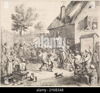 Fiera agricola, Un gruppo di agricoltori che bevono vicino a una locanda. Un paio di ballano sulla musica di un bagpiper., stampa, stampatore: William Young Ottley, stampatore: Charles Walker, (rigettata attribuzione), dopo la stampa di: David Teniers (II), (menzionato sull'oggetto), Londra, 1828, carta, incisione, altezza, 202 mm x larghezza, 232 mm Foto Stock