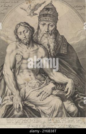 Santa Trinità, Dio padre con una tiara in testa, con Cristo in grembo con le stigmate. Sopra di loro lo Spirito Santo sotto forma di colomba., stampa, tipografo: Jacob Matham, (menzionato sull'oggetto), dopo aver dipinto di: Maarten van Heemskerck, (menzionato sull'oggetto), Simon Sovius, (menzionato sull'oggetto), Haarlem, 1602, carta, incisione, altezza, 334 mm x larghezza, 224 mm Foto Stock