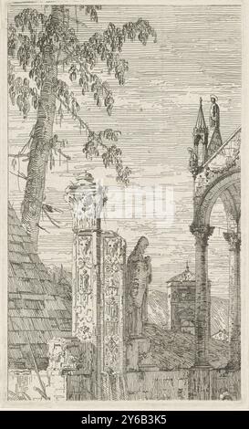 Tomba di un vescovo, vedute di luoghi esistenti e inventati (titolo della collana), vedute altre prese da i luoghi altre ideate da Antonio Canal (titolo della collana), Un paesaggio con parte di una tomba vescovile in primo piano 1707 1768. incisione, altezza, 220 mm x larghezza, 130 mm Foto Stock