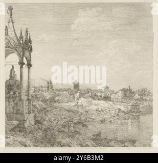 Vista di una città con una tomba vescovile, vedute di luoghi esistenti e inventati (titolo della serie), vedute altre prese da i luoghi altre ideate da Antonio Canal (titolo della serie), Vista di una città. In primo piano a sinistra si trova la tomba di un vescovo. Un fiume in primo piano a destra., stampa, tipografo: Canaletto, (menzionato sull'oggetto), su disegno personale di: Canaletto, Joseph Smith, Venezia, 1707 - 1768, carta, incisione, altezza, 302 mm x larghezza, 305 mm Foto Stock