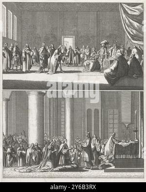 L'incoronazione del principe e della principessa come re e regina d'Inghilterra, 1689, Foglio con due scene. Oltre ad offrire la corona a William e Mary. Sotto l'incoronazione del principe Guglielmo III e della principessa Maria come re e regina d'Inghilterra, il 21 aprile 1689, nell'Abbazia di Westminster. Sul retro alcuni esercizi di scrittura con la penna., stampa, stampatore: Anonimo, Paesi Bassi del Nord, 1689, carta, incisione, altezza, 208 mm x larghezza, 163 mm Foto Stock