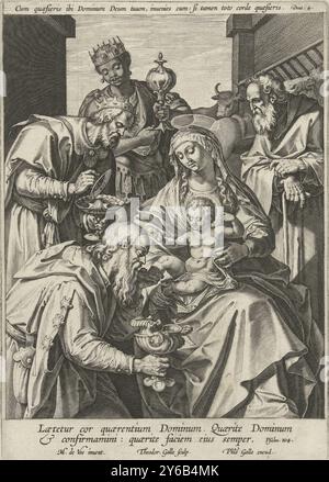 Adorazione dei Magi, i tre re stanno intorno a Maria e al Cristo neonato con i loro doni nelle loro mani. Joseph sta accanto a Mary. La stampa ha una didascalia latina., print, print maker: Theodoor Galle, (menzionato sull'oggetto), dopo il design di: Maerten de Vos, (menzionato sull'oggetto), editore: Philips Galle, (menzionato sull'oggetto), Anversa, 1581 - 1612, carta, incisione, altezza, 223 mm x larghezza, 159 mm Foto Stock