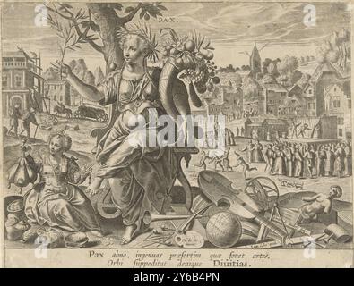 La pace porta opulenza, ciclo di azione umana (titolo della serie), Circvlvs Vicissitvdinis Rervm Hvmanarvm (titolo della serie), la personificazione della Pace (Pax), nelle sue mani un ramo d'oliva e il corno di abbondanza. Accanto a lei sotto un albero si trova la personificazione di Weelde (Divinies), una ragazza con una borsa stokke in mano. Sul campo ci sono gli attributi delle arti e delle scienze. Sullo sfondo a destra c'è uno spettacolo teatrale all'aperto; sulla sinistra una casa in costruzione. La stampa ha una didascalia latina e fa parte di una serie sul ciclo dell'azione umana., stampa, stampatore: Karel va Foto Stock