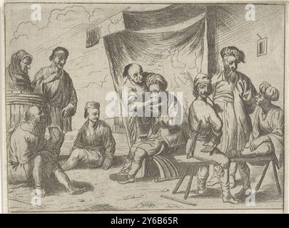 Schiavi e marinai della galea islamica con un barbiere, schiavi della galea islamica in un porto italiano (titolo della serie), scene del porto (titolo della serie precedente), uno schiavo della galea islamica siede con un barbiere, che è anche uno schiavo della galea. Altri schiavi musulmani della galea guardano. Questi uomini schiavizzati possono essere riconosciuti come musulmani dalla tipica acconciatura (testa rasata ad eccezione di una sezione) che erano obbligati ad avere. Sulla destra due marinai su una panchina, parlando con un papasso (mullah e rappresentante degli schiavi musulmani)., stampa, stampatore: M. Schaep, dopo stampa di: Cornelis de Wael, stampatore: Noord-Nederland, After Foto Stock