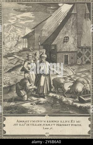 Parabola del figlio prodigo: Il figlio prodigo come Swineherd, parabola del figlio prodigo (titolo della serie), Un agricoltore impiega il figlio prodigo come un branco di Swineherd. L'agricoltore indica la mangiatoia dei maiali. Quando il figlio prodigo ha fame, deve mangiare dalla fossa. Sullo sfondo una grande fattoria e una città in lontananza. Dietro la fattoria, il figlio prodigo si inginocchia in pentimento e chiede a Dio perdono per la sua vita peccaminosa., stampa, stampatore: Dominicus Custos, (menzionato sull'oggetto), su disegno di: Dominicus Custos, Augusta, c. 1579 - c. 1615, carta, incisione, altezza, 220 mm x larghezza, Foto Stock