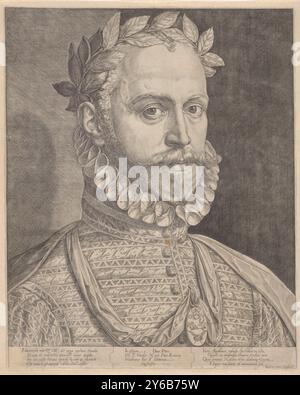 Ritratto del poeta Jan Baptista van der Noot, ritratto dell'autore del poeta Jan van der Noot con corona d'alloro e medaglia. Sotto il ritratto un verso in greco e latino., stampa, tipografo: Isaac Duchemin, (menzionato sull'oggetto), su disegno di: Adriaan de Weerdt, (possibilmente), Bruxelles, 1550 - 1599, carta, incisione, altezza, 438 mm x larghezza, 355 mm Foto Stock