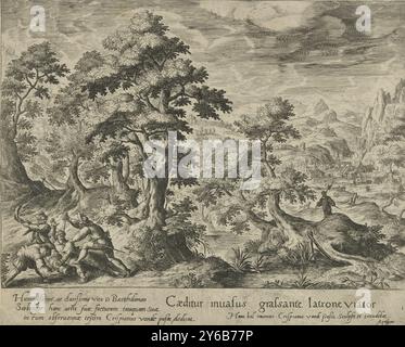 Rapina del viaggiatore, paesaggi con scene della parabola del buon samaritano (titolo della serie), in una foresta un viaggiatore viene attaccato e pugnalato da tre banditi. Nel margine una linea e una didascalia di tre righe con una dedica in latino., stampa, tipografo: Crispijn van de Passe (i), (menzionato sull'oggetto), su disegno di: Hans Bol, (menzionato sull'oggetto), editore: Crispijn van de Passe (i), (menzionato sull'oggetto), Aken, 1588 - 1589, carta, incisione, altezza, 198 mm x larghezza, 246 mm Foto Stock