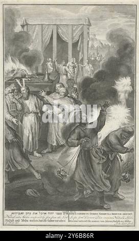 Nadab e Abihu uccisi dalle fiamme, i figli di Aaron, Nadab e Abihu, commisero un peccato agli occhi di Dio facendo un fuoco sbagliato nelle loro ciotole. Come punizione, Dio ha bruciato i fratelli. Rappresentazione biblica di Lev. 10:1-3 con il titolo della performance in sei lingue a margine., stampa, tipografo: Jacob de Later, (menzionato sull'oggetto), dopo aver disegnato da: Gerard Hoet (i), (menzionato sull'oggetto), editore: Pieter de Hondt, Amsterdam, 1728, carta, incisione, incisione, altezza, 361 mm x larghezza, 218 mm Foto Stock