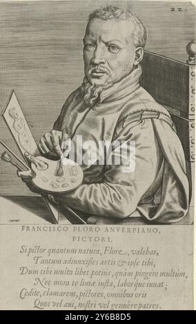 Ritratto del pittore Frans Floris (i), ritratti di pittori (titolo della serie), Illustrium quos Belgium habuit pictorum effigies ad vivum accurate delineatae (titolo della serie), in mano tiene una tavolozza di pittore e un disegno. Sopra la sitter una linea con informazioni biografiche in latino. Al margine una didascalia di sei righe in latino., stampa, stampatore: Johannes Wierix, (menzionato sull'oggetto), Dominicus Lampsonius, (menzionato sull'oggetto), editore: Theodoor Galle, (menzionato sull'oggetto), Anversa, 1600 - 1650, carta, incisione, altezza, 213 mm x larghezza, 134 mm Foto Stock