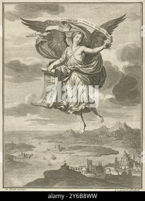 Angelo volante in un paesaggio, Title page per Jean le Clerc, le Nouveau Testament de Nôtre Seigneur Jésus-Christ, 1703, Un angelo volante in un paesaggio. Nelle sue mani due banderole con testi latini., stampa, tipografo: Gilliam van der Gouwen, (menzionato sull'oggetto), dopo aver disegnato da: Bernard Picart, (menzionato sull'oggetto), Amsterdam, 1703, carta, incisione, altezza, 198 mm x larghezza, 154 mm Foto Stock