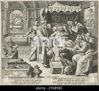 The Death of the Rich Man, Parable of the Rich Man e Poor Lazarus (titolo della serie), The Rich Man è sul suo letto di morte. La famiglia e gli amici piangono il defunto. Sullo sfondo a sinistra si può vedere attraverso una finestra come l'anima del povero Lazzaro viene portata in cielo dagli angeli. Sullo sfondo a destra puoi vedere attraverso una finestra come l'anima dell'uomo ricco viene trasportata all'inferno da un diavolo. Stampa da una serie di quattro con la parabola del ricco e del povero Lazzaro., stampa, stampatore: Crispijn van de Passe (i), (menzionato sull'oggetto), su disegno di: Maerten de Vos, (menzionato sull'obj Foto Stock
