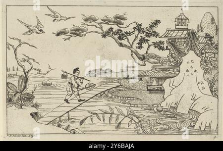 Figura cinese sul ponte sul fiume, New Invented Sinees disegnato con grande sforzo e dato in layout, da P. Schenk Jun (...), prima parte (titolo della serie), Una figura cinese cammina con una valigia su un bastone sulla spalla e con una foglia in mano attraverso un ponte sopra un fiume. Edifici a destra della banca., stampa, tipografo: Pieter Schenk (II), su disegno di: Pieter Schenk (II), editore: Pieter Schenk (II), (menzionato sull'oggetto), Amsterdam, 1727 - 1775, carta, incisione, altezza, 170 mm x larghezza, 262 mm Foto Stock
