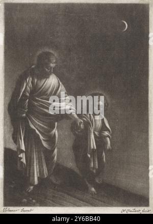 San Giuseppe con il bambino Cristo, Giuseppe e il bambino Cristo camminano su una strada al chiaro di luna., stampa, stampatore: Wallerant Vaillant, (menzionato sull'oggetto), dopo la pittura di: Adam Elsheimer, (menzionato sull'oggetto), 1658 - 1677, carta, altezza, 135 mm x larghezza, 97 mm Foto Stock