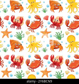 Schema senza cuciture con varie creature marine Illustrazione Vettoriale