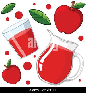 Mele, succo e foglie in un design senza cuciture Illustrazione Vettoriale