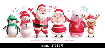 I personaggi natalizi impostano il design del banner vettoriale. Babbo Natale, signora claus, pupazzo di neve, pinguino, orso polare e renne che cantano e sorridono Illustrazione Vettoriale