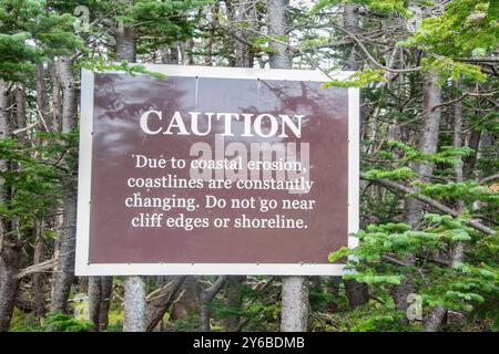 Segnale di attenzione di erosione costiera vicino ai bordi della scogliera affisso su due alberi sul sentiero del faro di Ferryland, Terranova e Labrador, Canada Foto Stock