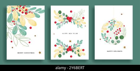 Design del set di poster ad acquerello natalizio. buon natale e buone feste testo di saluto con corona di foglie, bacche agrifoglio e ghirlanda lascia acqua Illustrazione Vettoriale