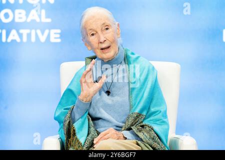 New York, Stati Uniti. 24 settembre 2024. Jane Goodall, fondatrice, il Jane Goodall Institute, parla alla conferenza Clinton Global Initiative all'hotel Hilton Midtown a New York City. Credito: SOPA Images Limited/Alamy Live News Foto Stock