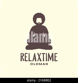 trattamento yoga old man relax time minimale vintage semplice logo illustrazione con icona vettoriale Illustrazione Vettoriale