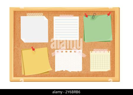 Appunti, promemoria su carta con spilla, nastro adesivo. Postit, note, idee o elenchi. Organizzatore, telaio in legno. Illustrazione vettoriale Illustrazione Vettoriale