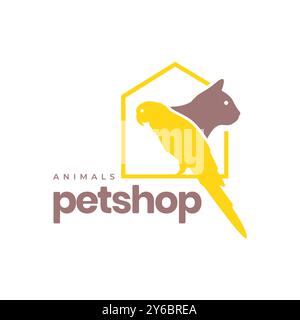 animali domestici gabbia pappagallo uccello e gatto mascotte colorate moderno semplice logo icona vettoriale Illustrazione Vettoriale