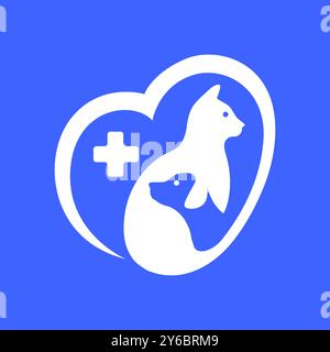 animali domestici assistenza sanitaria gatto cane trattamento clinica veterinario amore cuore mascotte moderno minimale logo icona vettoriale illustrazione Illustrazione Vettoriale