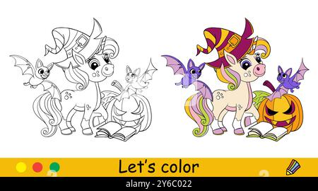 Halloween colora un simpatico unicorno con un'illustrazione vettoriale di pipistrelli Illustrazione Vettoriale