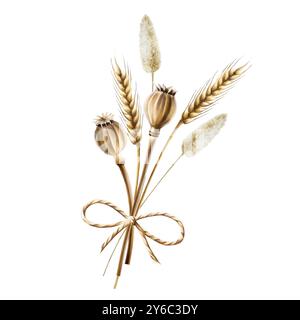 Bouquet realistico con teste di papavero essiccate, orecchie di grano, piante. Arco portaspago, scatola e steli disegnati a mano in acquerello, illustrazione isolata su Foto Stock