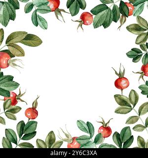 Cornice ad acquerello rosa fianchi su sfondo bianco. Cornice rotonda di foglie e bacche rosse Foto Stock