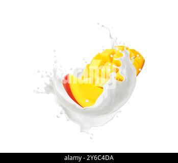 Lo yogurt al latte realistico spruzza a turbinio di frutta di mango. panna vettoriale 3d o yogurt con una fetta di frutta tropicale matura e vivace, immersa in un latte bianco e cremoso Illustrazione Vettoriale