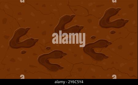 Impronte fossili di dinosauro dell'era preistorica a terra. Sfondo vettoriale cartoni animati con antiche impronte di zampe di rettili, impronte di tracce. Reperti archeologici e paleontologici giurassici Illustrazione Vettoriale