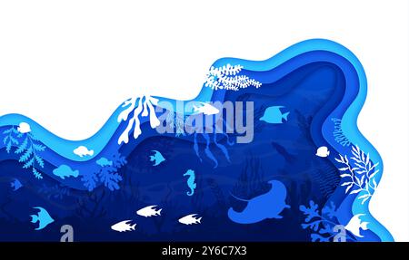 Paesaggio sottomarino in stile tagliato di carta con una varietà di vita marina all'interno di una cornice vettoriale 3d a strati con oceano blu o profondità del mare, brulicante di sagome di pesci, alghe, pastinache e coralli Illustrazione Vettoriale