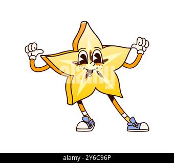 Personaggio cartoni animati con metà frutta a stella con espressione del viso felice. Il personaggio di carambola tropicale retrò vettoriale isolato ha un corpo a forma di stella, occhi espressivi e un ampio sorriso che punta su se stesso Illustrazione Vettoriale