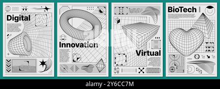 Poster Brutalism y2k con griglia retrò e forme astratte 3d. Innovazione digitale vettoriale futuristica e brutale e modelli biotech in bianco e nero con pattern a reticolo 3d e figure tridimensionali Illustrazione Vettoriale