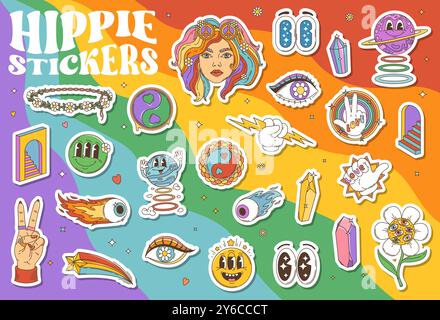 Confezione di adesivi con simboli hippie in un cartone animato psichedelico retrò e icone vettoriali. adesivi hippie goffi degli anni '70 con capelli arcobaleno e segno d'amore o di pace, emoji e fiori stravaganti sorrisi Illustrazione Vettoriale