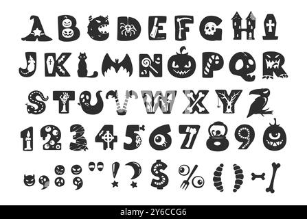 Font Halloween tipo mistero, carattere horror alfabeto tipografia vettoriale con sagome spaventose dei mostri delle vacanze. Lettere e numeri spaventosi dell'alfabeto con zucca di Halloween, pipistrelli, fantasmi, zombie Illustrazione Vettoriale