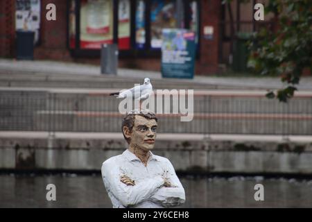 Eine Möwe steht auf dem Kopf einer Holzfigur im Bergedorfer Hafen. *** Un gabbiano si erge sulla testa di una figura di legno nel porto di Bergedorf Foto Stock