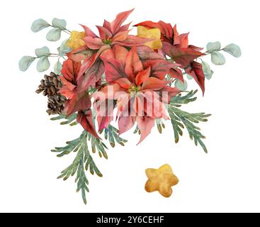 Fiori di Poinsettia, baubles con stella d'oro, eucalipto di ginepro, coni di pino. Illustrazione disegnata a mano ad acquerello, boutonniere isolato su bianco. Natale, felice Foto Stock