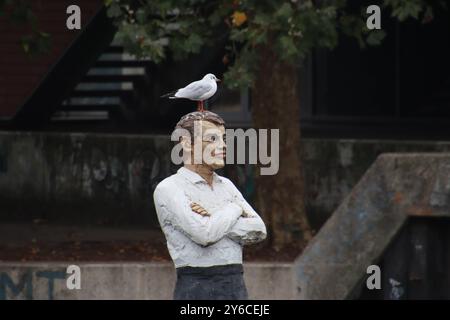 Eine Möwe steht auf dem Kopf einer Holzfigur im Bergedorfer Hafen. *** Un gabbiano si erge sulla testa di una figura di legno nel porto di Bergedorf Foto Stock