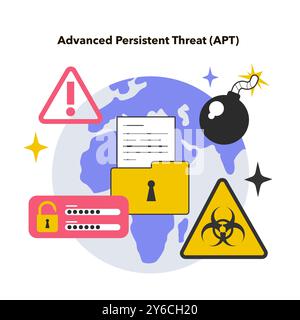 APT o Advanced Persistent Threat. Un attore malintenzionato, un attacco informatico o un crimine di gruppo sponsorizzato dallo stato o dallo stato. Pericolo di danni al computer di grandi dimensioni. Illustrazione vettoriale piatta Illustrazione Vettoriale