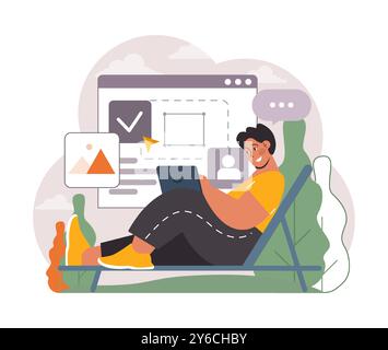 Lavoro ibrido. Personaggi con orari flessibili, che lavorano da casa e in ufficio. Telelavoro e outsourcing, lavoro dei dipendenti globalmente. Un'idea di nomade digitale o freelance. Illustrazione vettoriale piatta Illustrazione Vettoriale