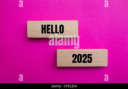 Messaggio Hello 2025 scritto su blocchi di legno con sfondo rosa. Simbolo ciao 2025 concettuale. Copia spazio. Foto Stock