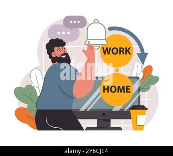 Lavoro ibrido. Personaggi con orari flessibili, che lavorano da casa e in ufficio. Telelavoro e outsourcing, lavoro dei dipendenti globalmente. Un'idea di nomade digitale o freelance. Illustrazione vettoriale piatta Illustrazione Vettoriale