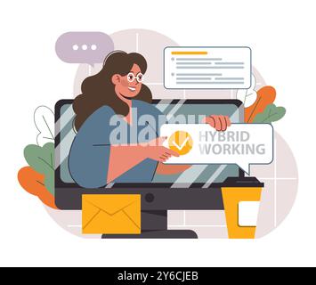 Lavoro ibrido. Personaggi con orari flessibili, che lavorano da casa e in ufficio. Telelavoro e outsourcing, lavoro dei dipendenti globalmente. Un'idea di nomade digitale o freelance. Illustrazione vettoriale piatta Illustrazione Vettoriale