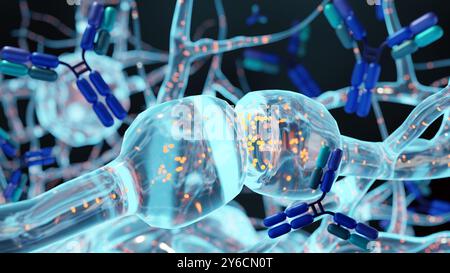 Rendering 3D di molecole di anticorpi e cellule cerebrali, gli anticorpi possono contribuire alla patologia cerebrale associata a malattie autoimmuni Foto Stock