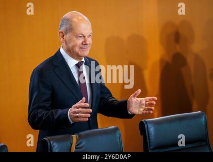 Berlino, Germania. 25 settembre 2024. OLAF Scholz (SPD), Cancelliere federale, a margine di una riunione di gabinetto a Berlino, 25 settembre 2024. Credito: dpa/Alamy Live News Foto Stock