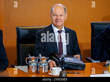 Berlino, Germania. 25 settembre 2024. OLAF Scholz (SPD), Cancelliere federale, a margine di una riunione di gabinetto a Berlino, 25 settembre 2024. Credito: dpa/Alamy Live News Foto Stock