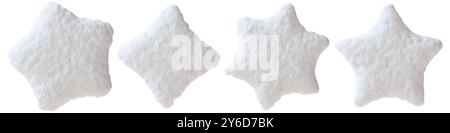 Set di stelle innevate, isolate su sfondo bianco. Ogni stella ha una forma perfetta e una morbida consistenza soffice. Ideale per design a tema invernale, vacanze o. Foto Stock